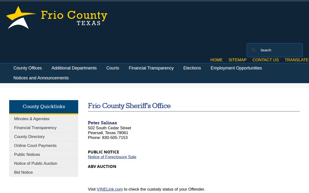 Frio County Sheriff custody and booking-record contact page