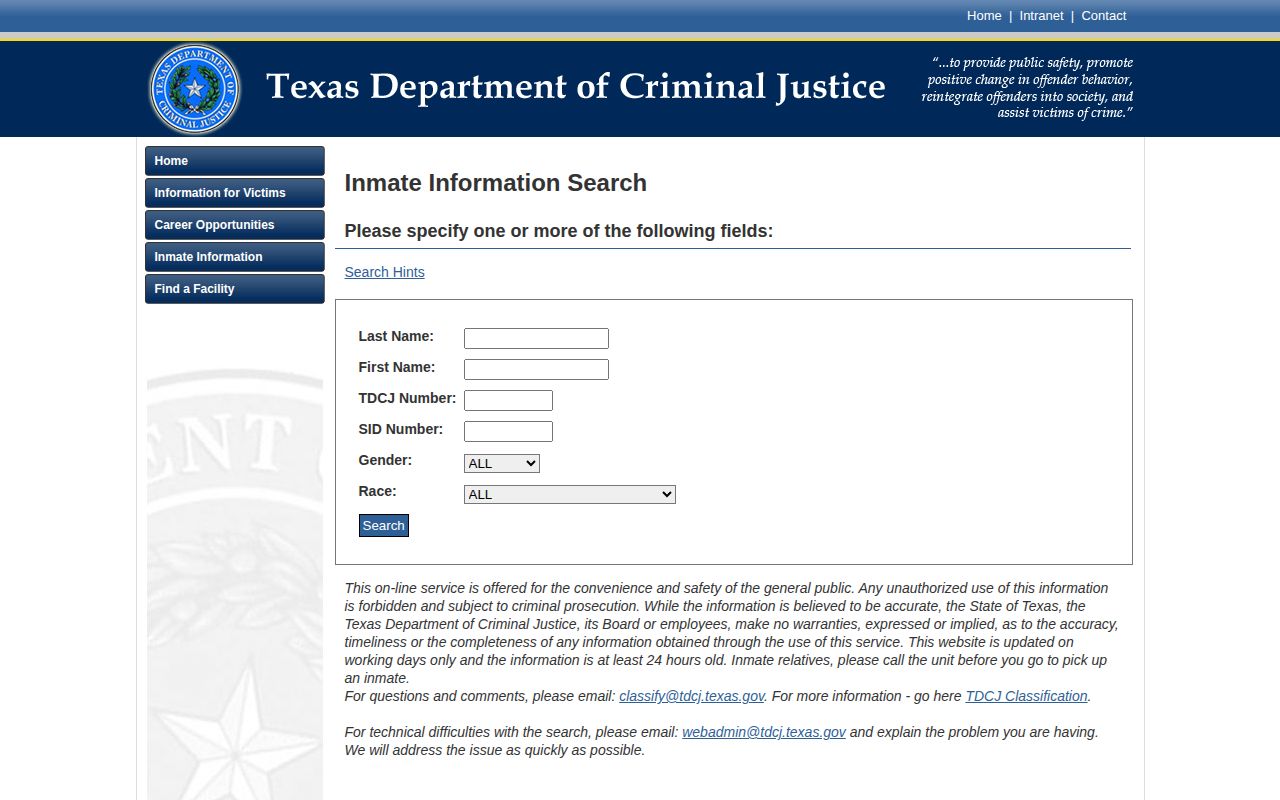 Texas Department of Criminal Justice offender search for state custody records